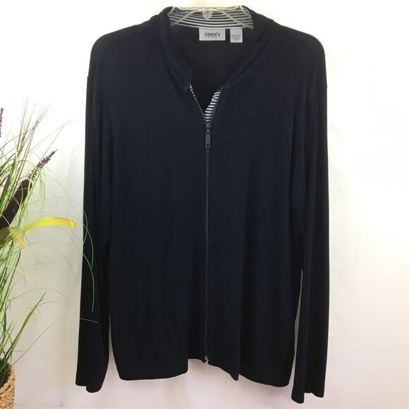 Chico’s Travelers Black & White Zip Up Stripe Collar Long Sleeve Jacket L 2 - Picture 3 of 9